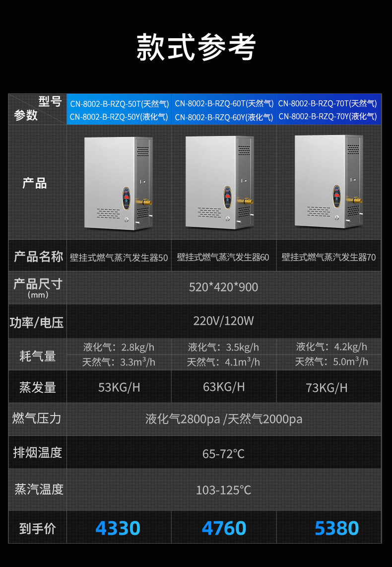 壁挂式蒸汽发生器参数表